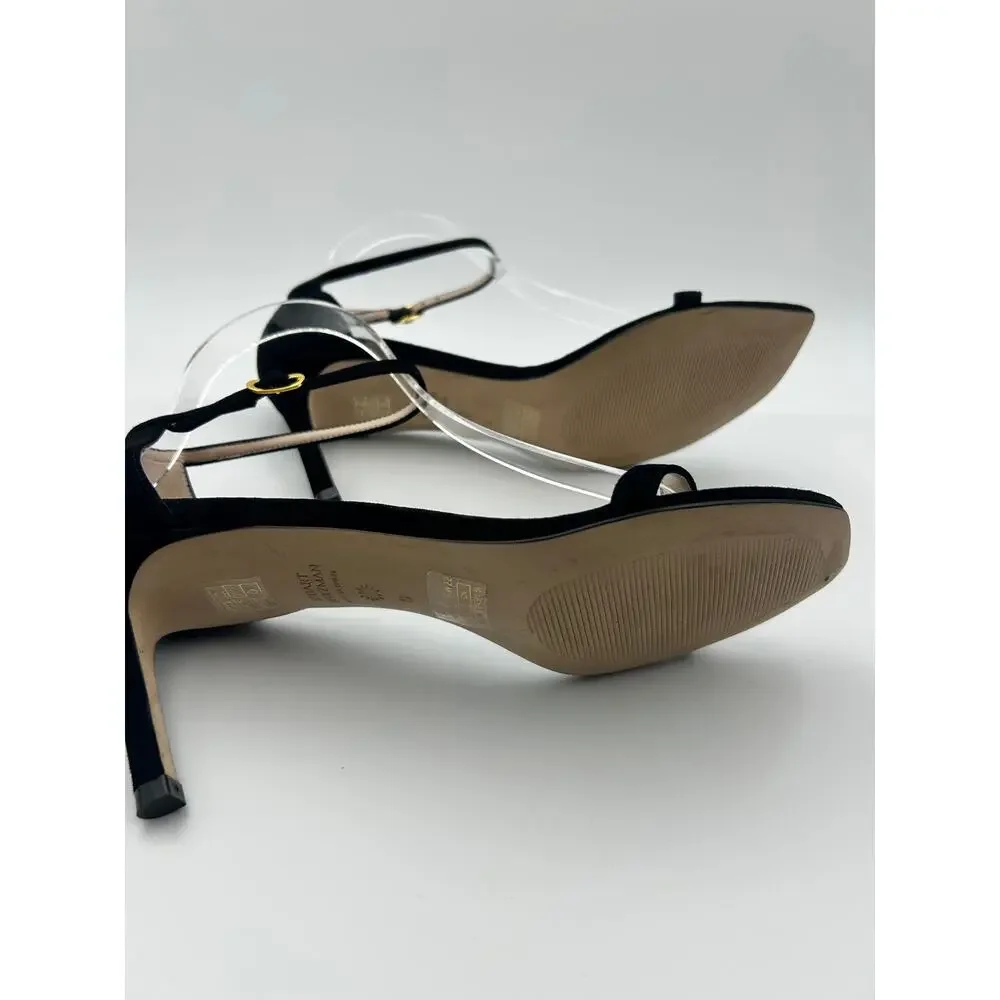 Stuart Weitzman Black Square Toe Kitten Heel Strappy Sandals Siz 8 Quiet Luxury - Picture 5 of 5